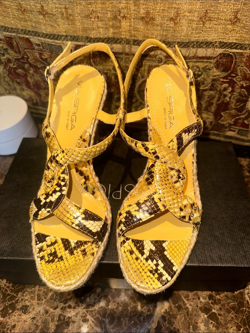 Via Spiga Yellow Snake-Print Espadrille Wedge Sandals